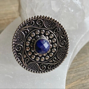 Untreated Sapphire silver big mandala disc oversized ring /maximalist/bohemian